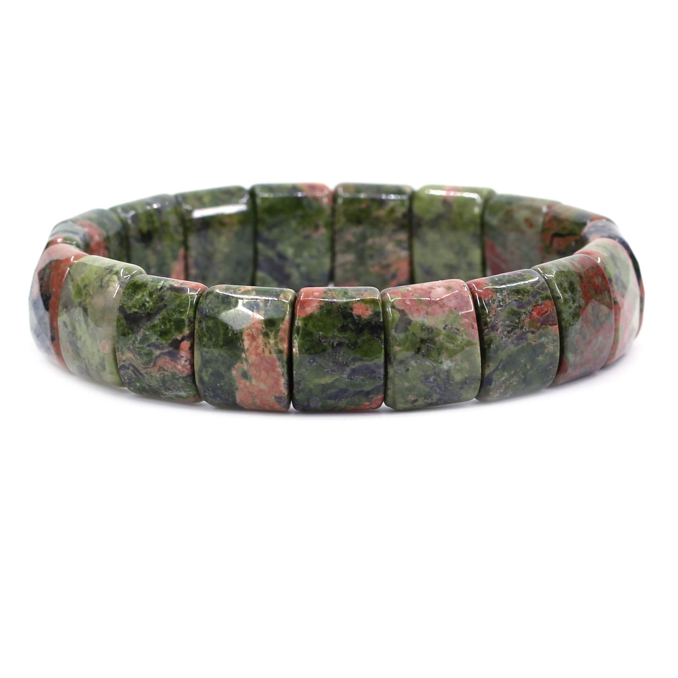 CHENYUE Natural Unakite Gem Semi Precious Gemstone 15mm Faceted Square Grain Beads Stretch Bracelet 7.5 Inch