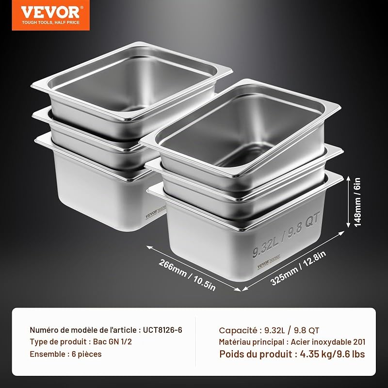 Bac Gastronorme GN 1/2 Lot de 6, Récipient Inox pour Bain-marie 0,8 mm d'Épaisseur, Bac Inox Alimentaire 14,8 cm Profondeur, pour Fours à Convection, Réfrigérateurs, Stockage, Restauration