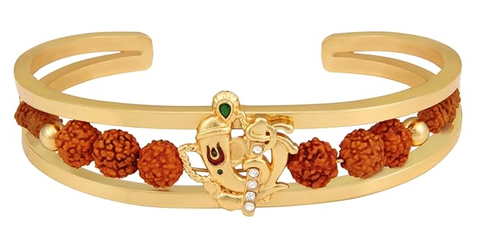 Rudraksh Gold Ganesha Cuff Kada Bracelet for Men