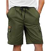 Runcati Mens Cargo Shorts Elastic Waist Drawstring Casual Shorts Cotton Hiking Travel Shorts with 6 Pockets