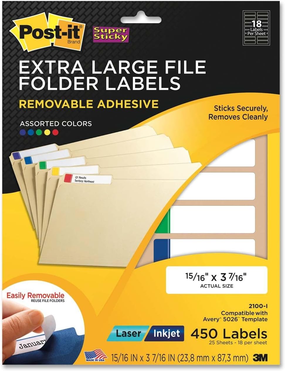 Post-it Super Sticky Removable File Folder Labels, 0.937 x 3.437 Inches, Assorted Colors, 450 per Pack (2100-I) : File Index Stickers : Office Products