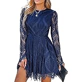 CUPSHE Women's Sheer Insert Scallop Trim Lace Coaktail Dress Long Sleeve Flared A-Line Mini Dresses