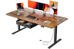 HLDIRECT Electric Standing Desk, 63x31 Inch Height Adjustable Desk with Power Outlets Ergonomic Sit Stand Desk with Drawers C
