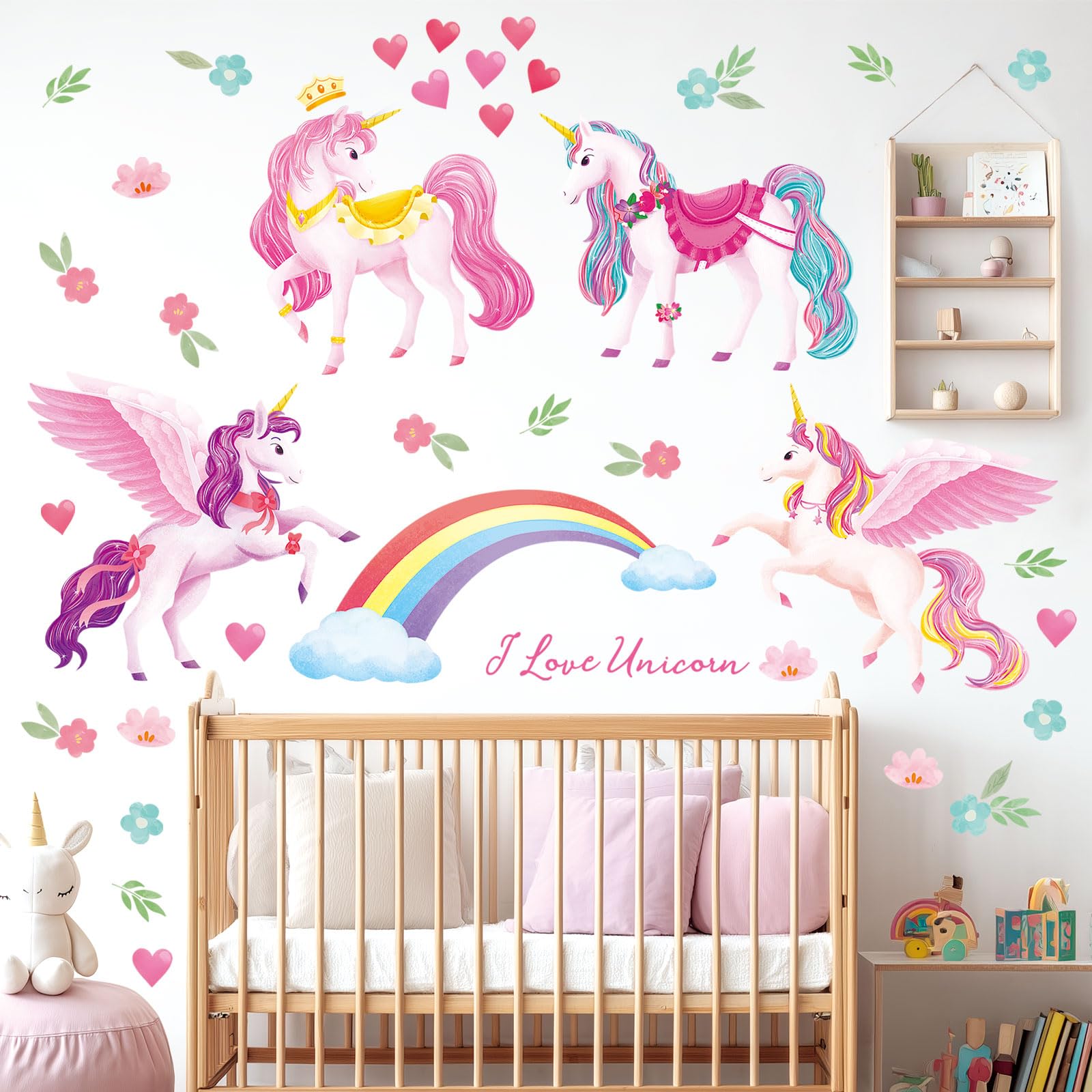 DECOWALL DS9-8072 Unicorn Wall Stickers for Girls Bedroom Removable Wall Decals for Kids Room, Nursery, Baby Room Pink Flying Unicorns, Hearts, Flowers and Stars