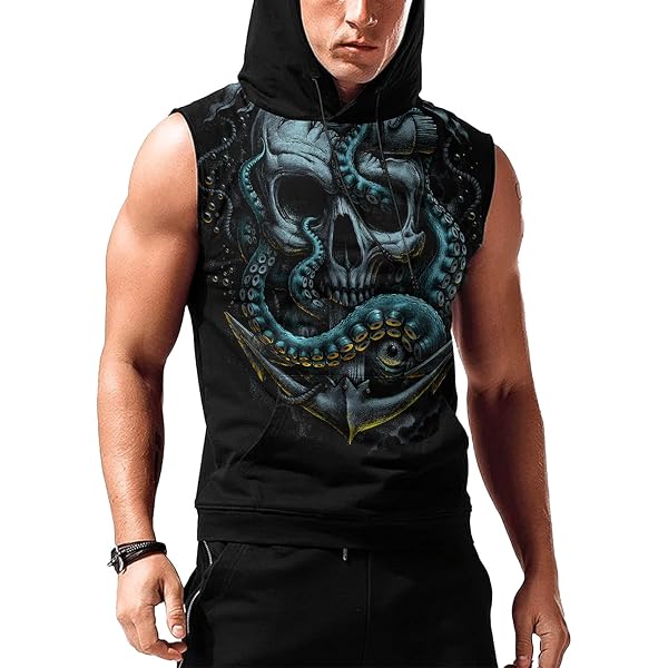 365CUSGIFTS Skull Kraken Men's Bodybuilding Sleeveless Zip Hoodie