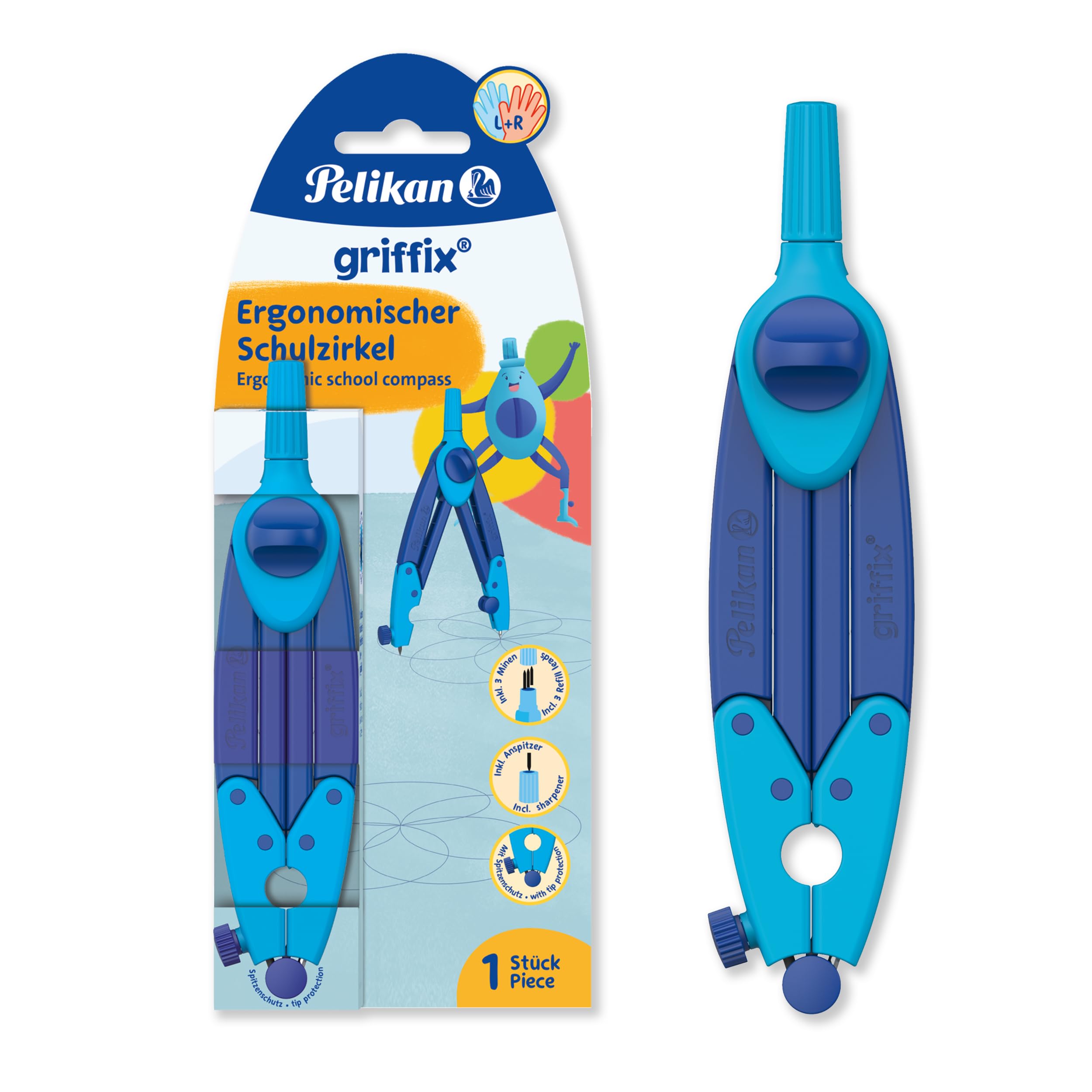 Pelikan Griffix Compass - Ideal for School - Ergonomic Shape - Includes Refills & Sharpener - Blue