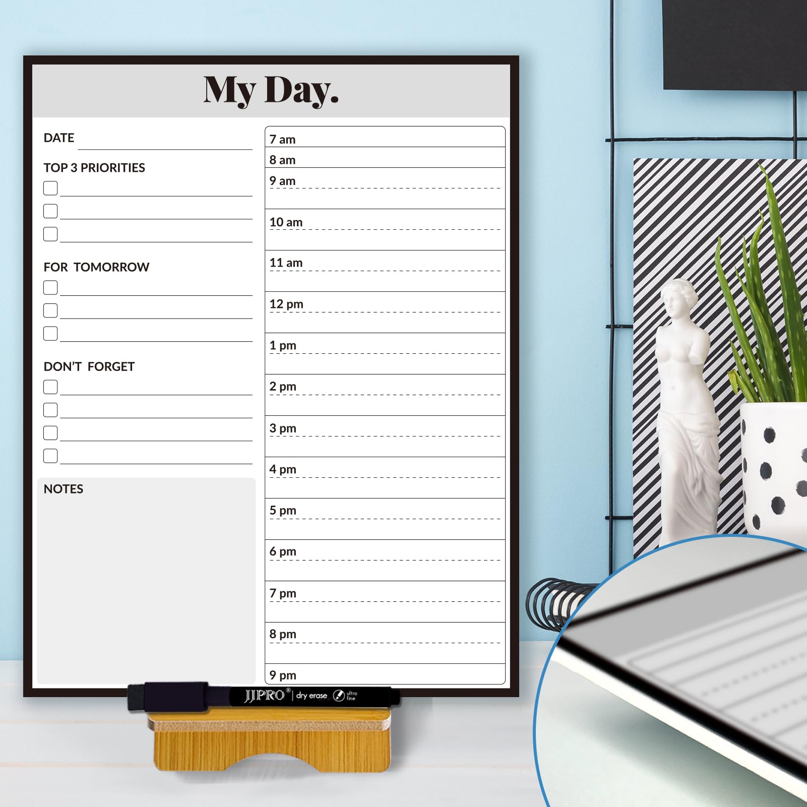 Photo 1 of JJPRO Reusable Desktop Daily Planner with Stand,Hourly Dry Erase Board,11"x8.5" Hourly Schedule Board,Dry Erase Time Schedule with Time Slots,Reusable Desk Hourly Dry Erase Board with Detachable Engineered Wood Stand for Office, Home