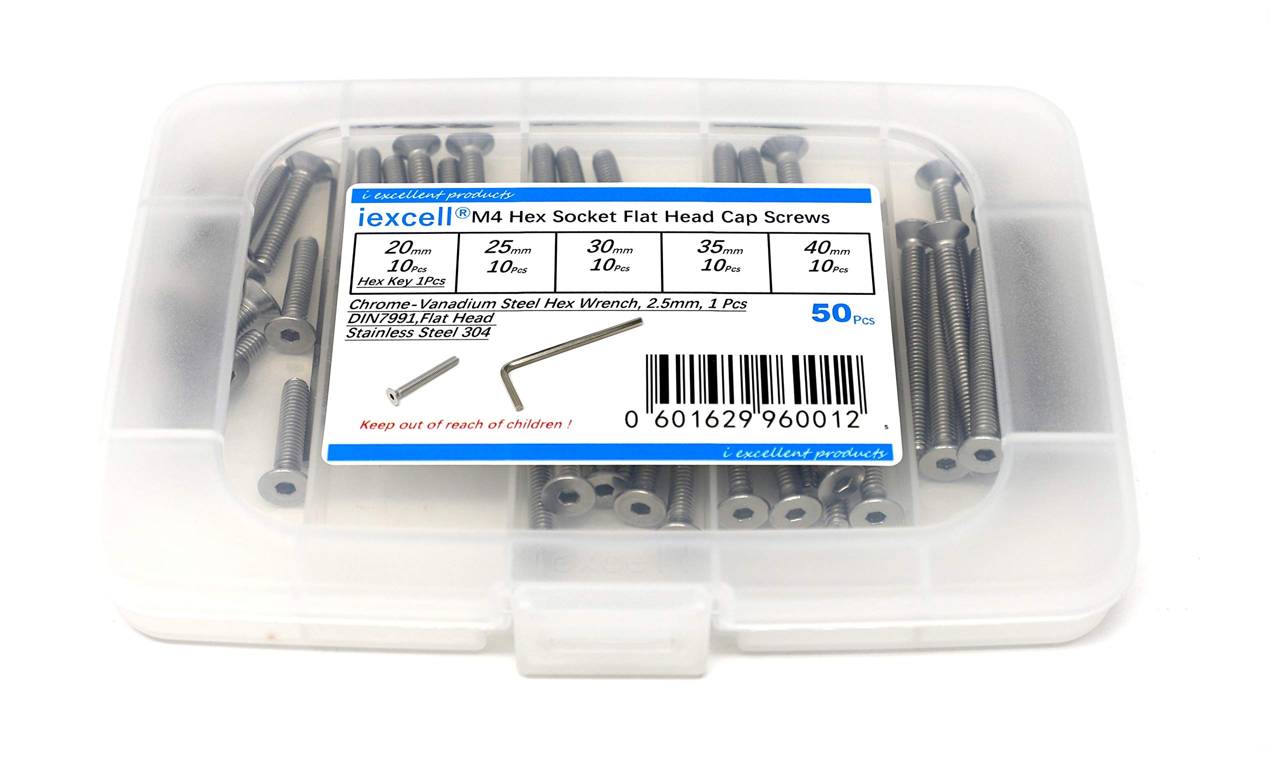 iExcell 50 Pcs Metric M4 x 20/25/30/35/40 Stainless Steel 304 Hex Socket Flat Head Cap Screws Bolts Assortment Kit