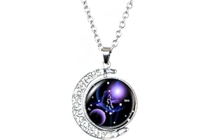 DEQIYIJI Zodiac Necklace Jewelry Birthday Gifts Astrology 12 Constellation Horoscope Sign Galaxy Crescent Half Moon Pendant Necklace