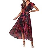 Simplee Womens Summer Floral Maxi Dress 2026 Short Sleeve V Neck Belted Mesh Hem Split Flowy Beach Wedding Guest Dresses