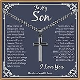 PAERAPAK Son Necklaces Gifts - Silver/Black Stainless Steel Cross Necklace Cuban Link Chain Necklace for Son