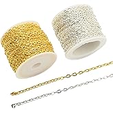 SYOWADA 60 Feet Metal Iron Necklace chain, Silver and Gold Chains 3mm Bulk Curb Link Chain, jewelry making DIY chain