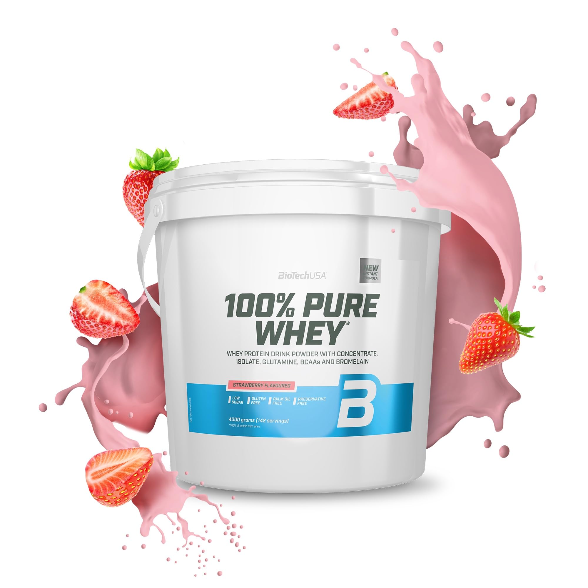 BioTechUSA 100% Pure Whey | Protein Powder with BCAA and Glutamine | Gluten-Free, Palm Oil Free | 21g Protein per Serving, 4 kg, Strawberry