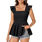 LYANER Women's Square Neck Ruffle Cap Sleeve Smocked Peplum Top Babydoll Shirred Blouse Tank