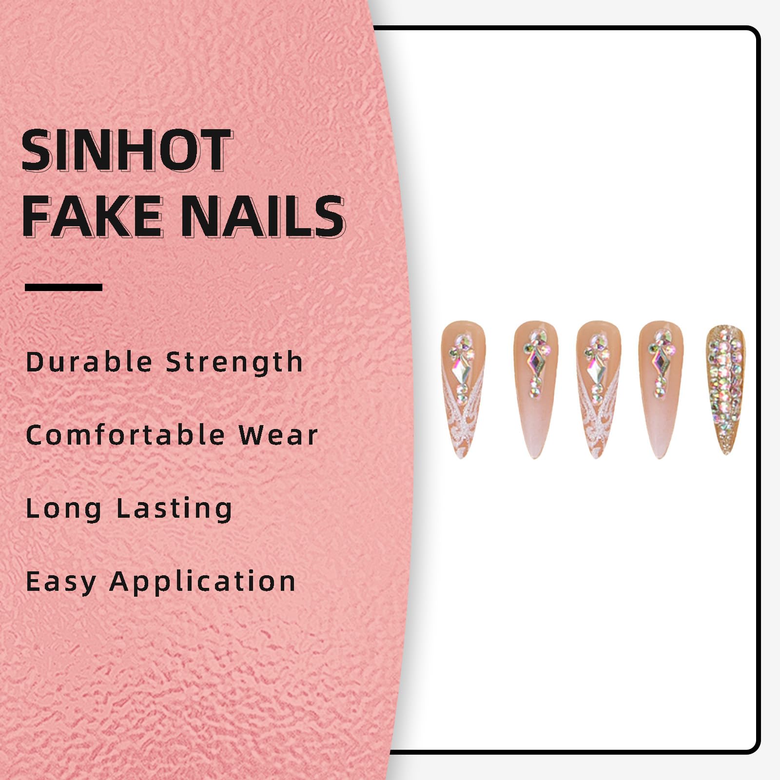 SINHOT Stiletto Press on Nails Long Fake Nails Glossy Glue on Nails Luxury Rhinestones Acrylic Nails White Bling Glitter Almond Artificial Nails Stick on False Nails with Design 24pcs - Image 7