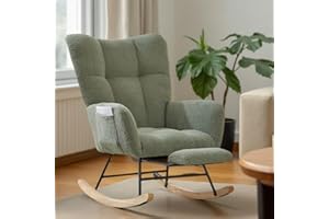 ETCZOYE Modern Nursery Rocking Chair, Teddy Upholstered Reading Glider Rocker with Footrest, Comfortable Rocker Recliner with Side Pocket for Living Room, Bedroom, Office, Green
