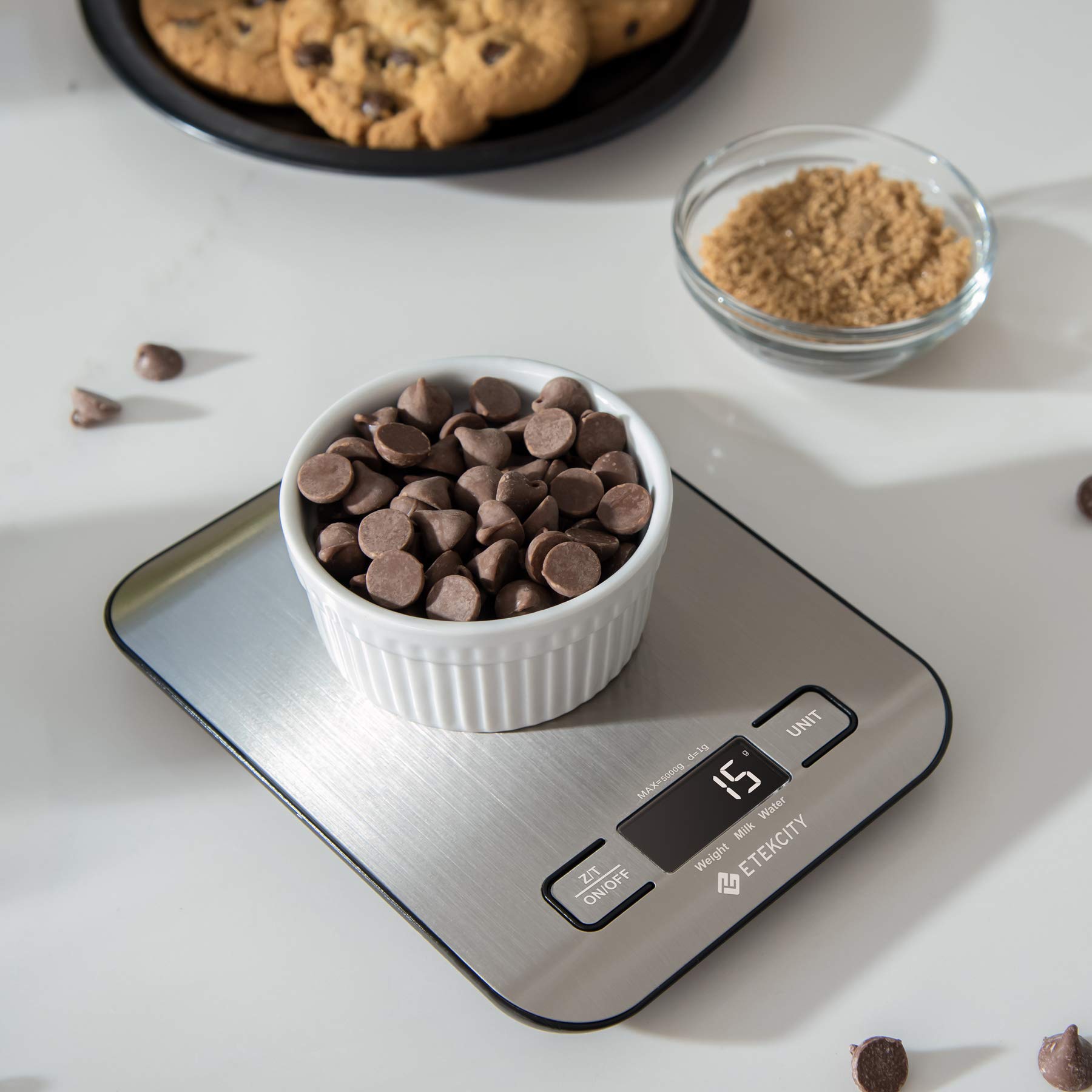ETEKCITY kitchen scales, digital electronic scales, 5 kg, with large LCD display, ultra thin stainless steel kitchen scales, liquid measurement, high precision up to 1 g, tare function
