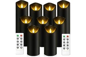 kakoya Flickering Flameless Candles, Battery Operated Acrylic LED Pillar Candles with Remote Control and Timer, Set of 9 (Black)