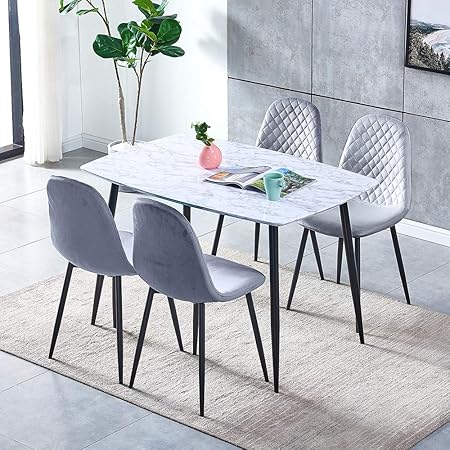 Marble Look Dining Room Set 5 Piece Table And Chair Set White Wood Dinner Table With