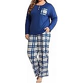 FLYCURVY Women's Pajama Sets 2 Piece Long Sleeve Sleepwear Soft Pj Set Loungewear Plaid Pjs with Pockets