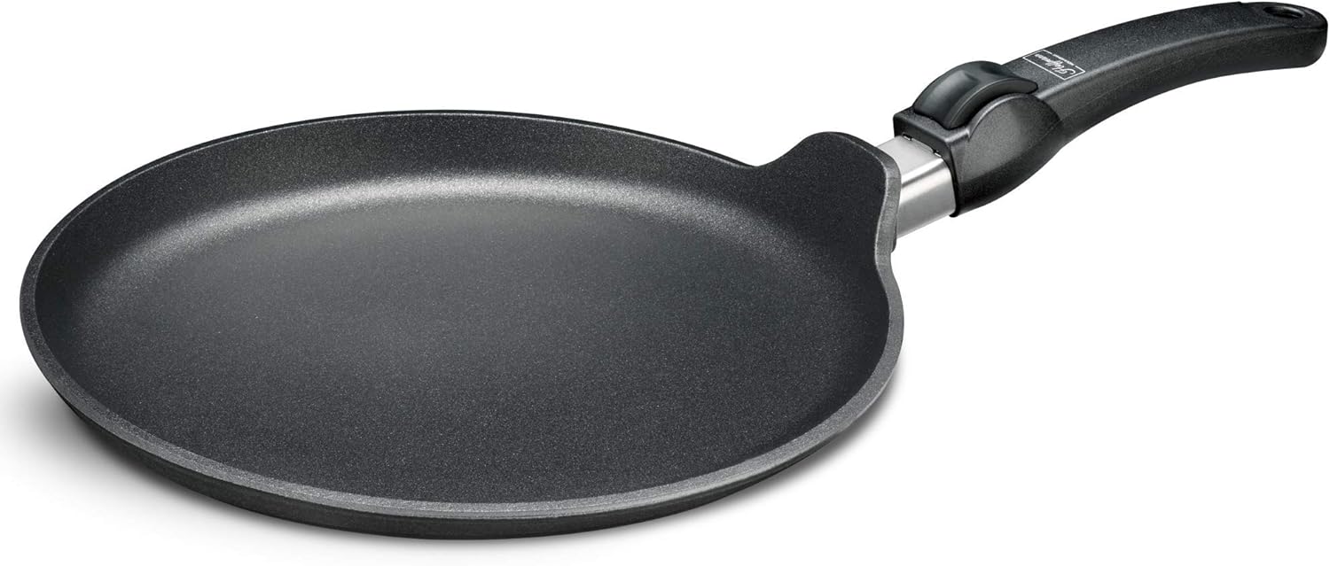 Hoffmann Aluguss Crepespfanne Induktion 28 cm Made in Germany I Antihaftbeschichtet Flachpfanne I Abnehmbarer Griff I Pfannkuchenpfanne Crêpepfanne Spiegeleipfanne