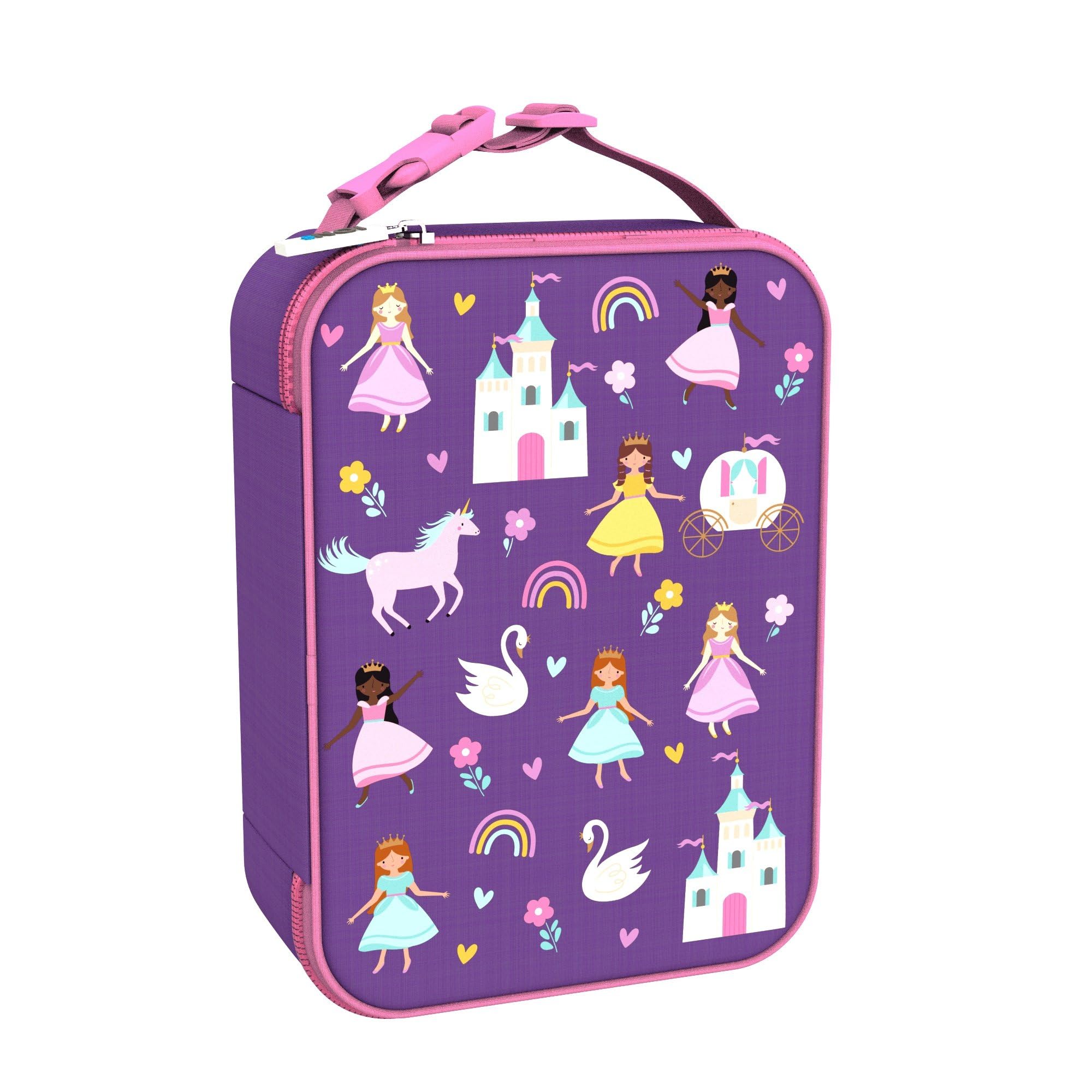 Ion8 Princess Design Lunch Bag, Easy Access 3-Sided Zip, Write-On Name Patch, Freshness & Insulation for 6 Hours, Mesh Pocket for Bottles, Machine Washable, Polyester Fabric Material, Purple — image 1