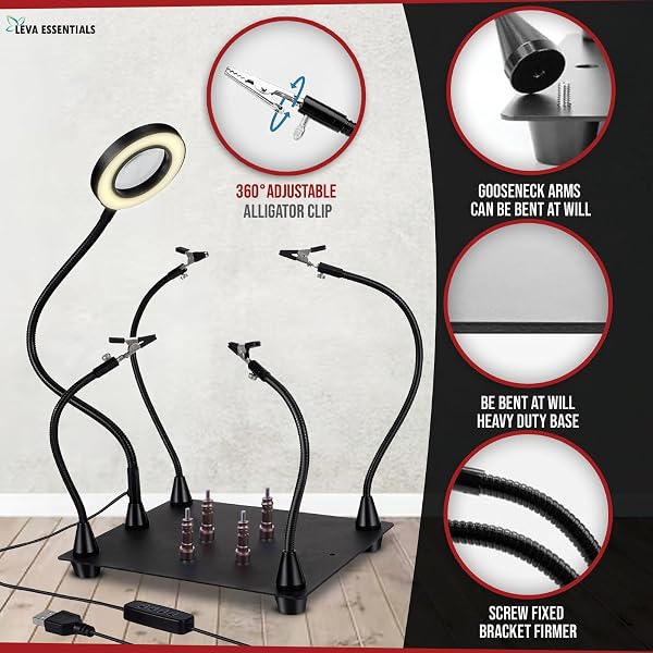 HELPING HANDS SOLDERING STATION WITH 3X MAGNIFYING LAMP & LED LIGHT – THIRD HAND TOOL WITH SOLDERING CLAMP & PCB HOLDER – SOLDER HELPING HANDS WITH USB POWER, ADJUSTABLE LIGHT & SOLDERING ACCESSORIES