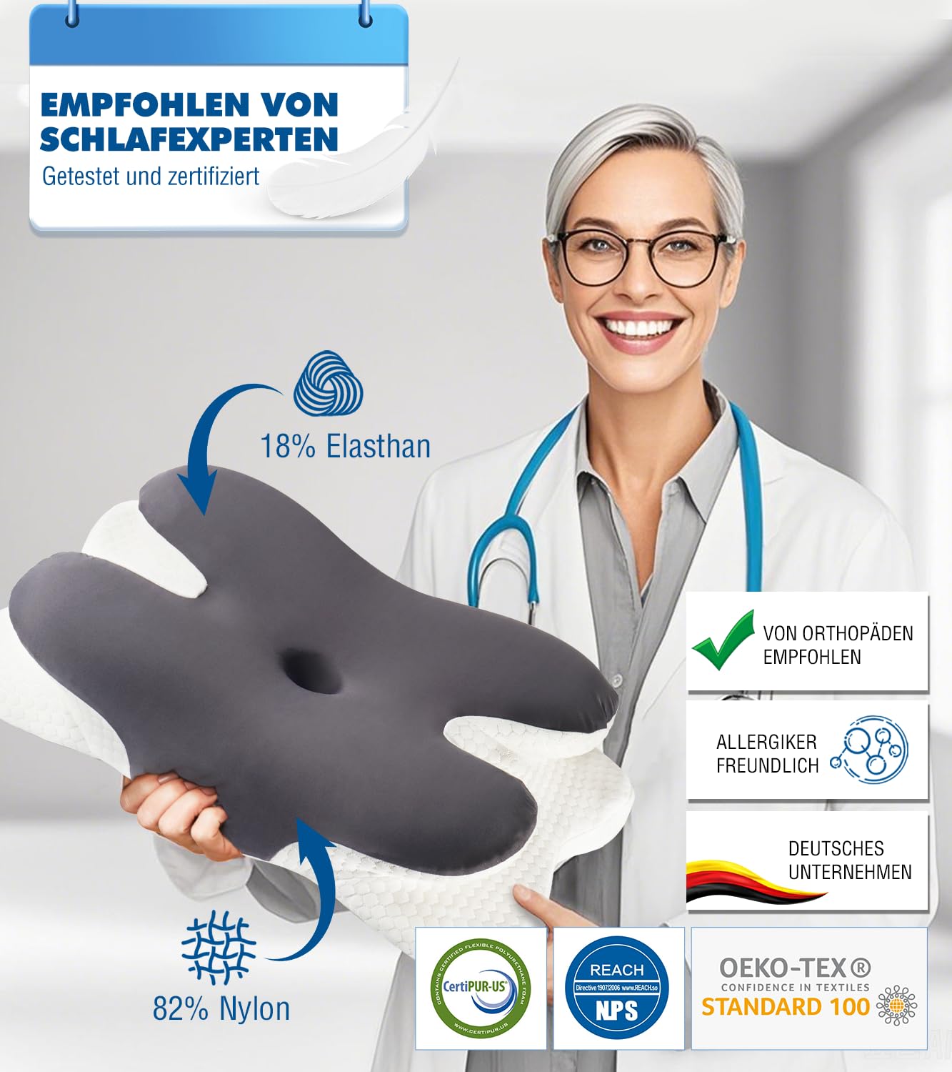IDEA Nackenstützkissen aus Memory Foam, ergonomisches Kopfkissen & orthopädisches Kissen mit Kühlbezug, gegen Nackenschmerzen und Schnarchen, für Seiten-, Rücken- und Bauchschläfer, 62x40 cm 7