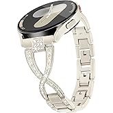 G-ficu Galaxy Watch 7 6 5 4 FE band, 20mm X-Shape Band for Samsung Galaxy Watch 4 5 6 7 Band 40mm 44mm, Women Bling Metal Bands for Watch 5Pro/Watch 6 4 Classic/W3 41mm/Active 2-Cream Silver
