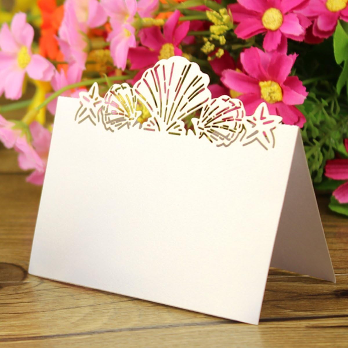 Sorive® 50 Pack White Beach Themed Wedding Place Card Laser Cut Sea Shell Seashells Wedding Table Numbers Name PlaceCard