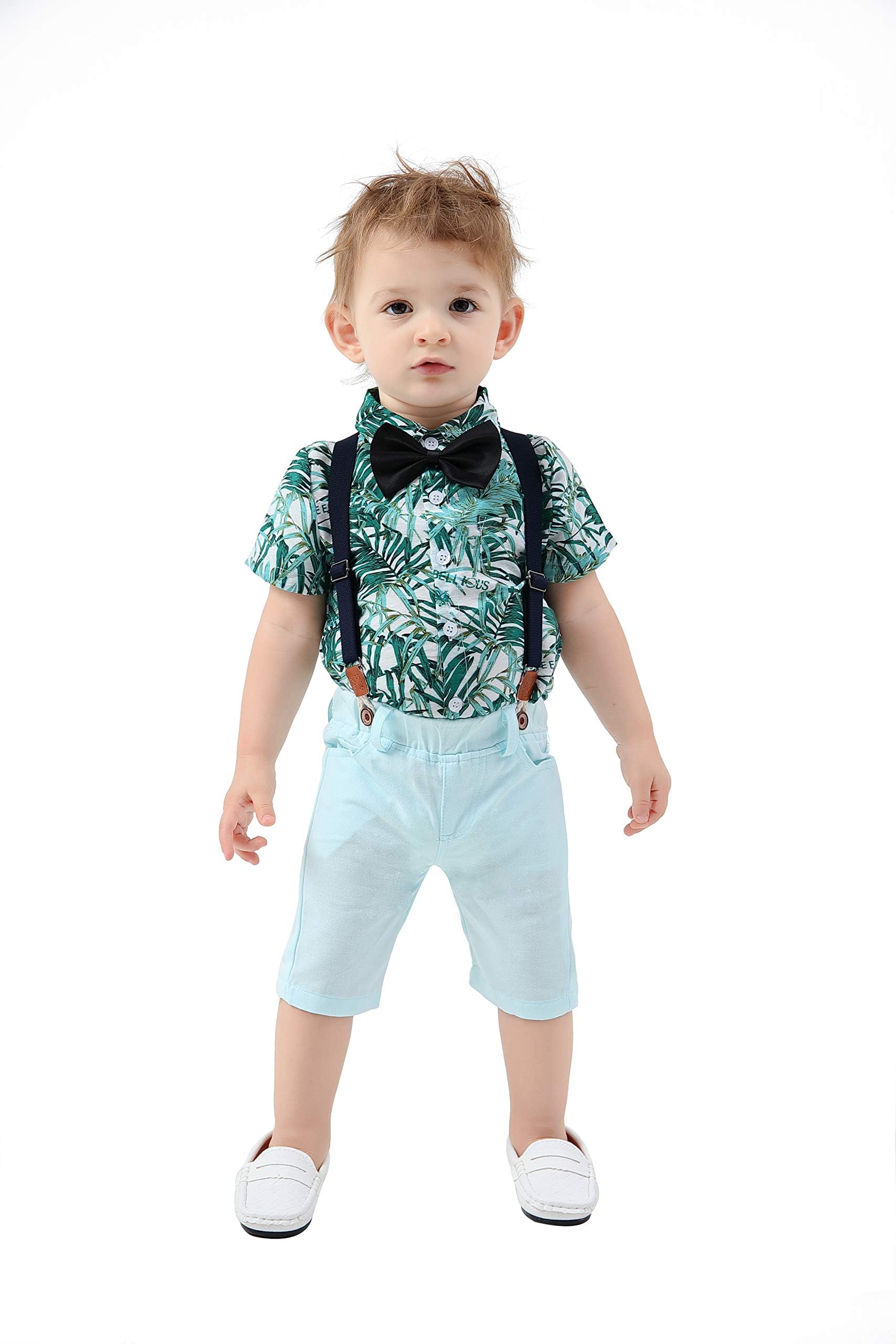 Baby Boys Gentleman Outfits Suits, Infant Short Sleeve Shirt+Bib Pants+Bow Tie Overalls Clothes Set