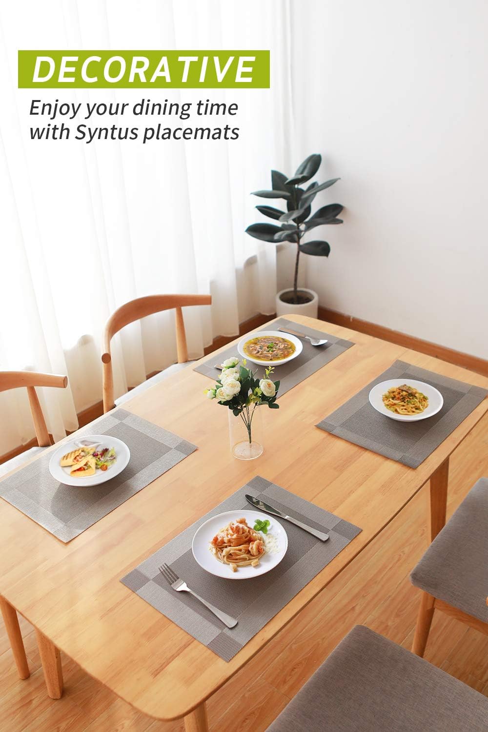 Syntus Placemats, Silver Grey PVC Woven Vinyl Table Mats Washable Non-Slip Heat Resistant for Kitchen Dinning Table Thanksgiving & Christmas, Set of 4: Home & Kitchen