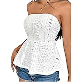 SweatyRocks Women's Eyelet Embroidery Peplum Tops Casual Ruffle Hem Bandeau Tube Top