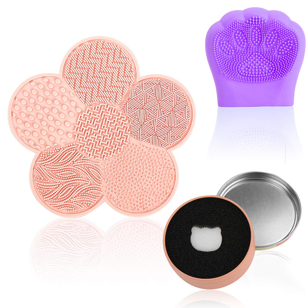 Silicon Makeup Brush Cleaning Mat, Brush Cleanser Mat with Soft Silicone Face Cleanser, Washing Tool Scrubber, Brush Scrubber Mat with Quick Color Removal Sponge (Flower-shaped skin tone)