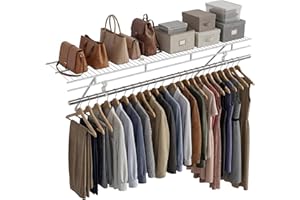 COSTWAY Closet Shelves Wall Mounted, Closet Shelf with Hanging Rod, Ventilated Metal Wire Shelving Kit, Wire Wall Shelf for L