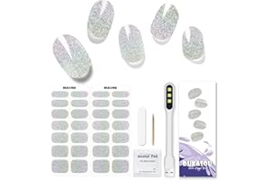 DUKASOU Semi Cured Gel Nail Strips, 28pcs Silver Glitter Gel Nail Strips with UV Light, Gel Nail Stickers Full Nail Wraps for Women Girls Kids Diy, Includes Prep Pads, Nail File & Wood Stick