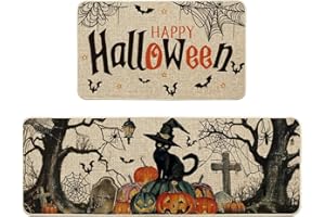 Artoid Mode Pumpkin Cat Spider Web Crucifix Bat Halloween Kitchen Mats Set of 2, Black Home Decor Low-Profile Kitchen Rugs for Floor - 17x29 and 17x47 Inch