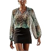 SweatyRocks Women's Tie Neck Leopard Chiffon Blouses Bishop Sleeve Mesh Oversized Shirts