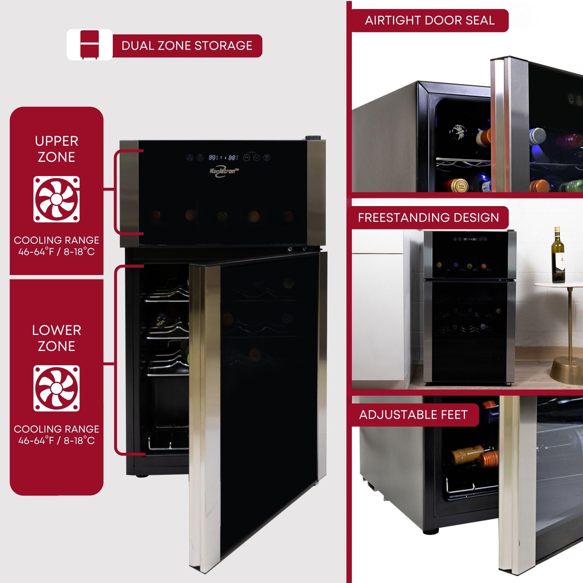 Koolatron Wine Fridge - Wine Cooler, 29 Bottle Cabinet for Champagne, Red & Whitewine, Dual Zone Freestanding Cellar For Bar, Home, Kitchen, Double Paned Glass Door, (86L)