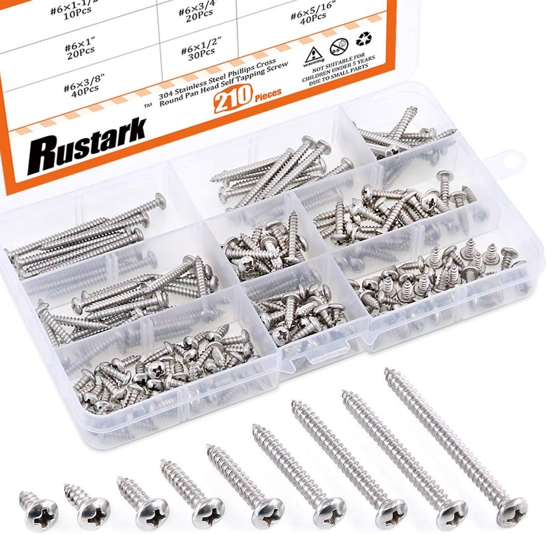 Rustark 210Pcs M3.5 304 Stainless Steel Round Pan Head Phillips Cross Wood Screws Drive Self Tapping Drilling Screws Assortment Kit