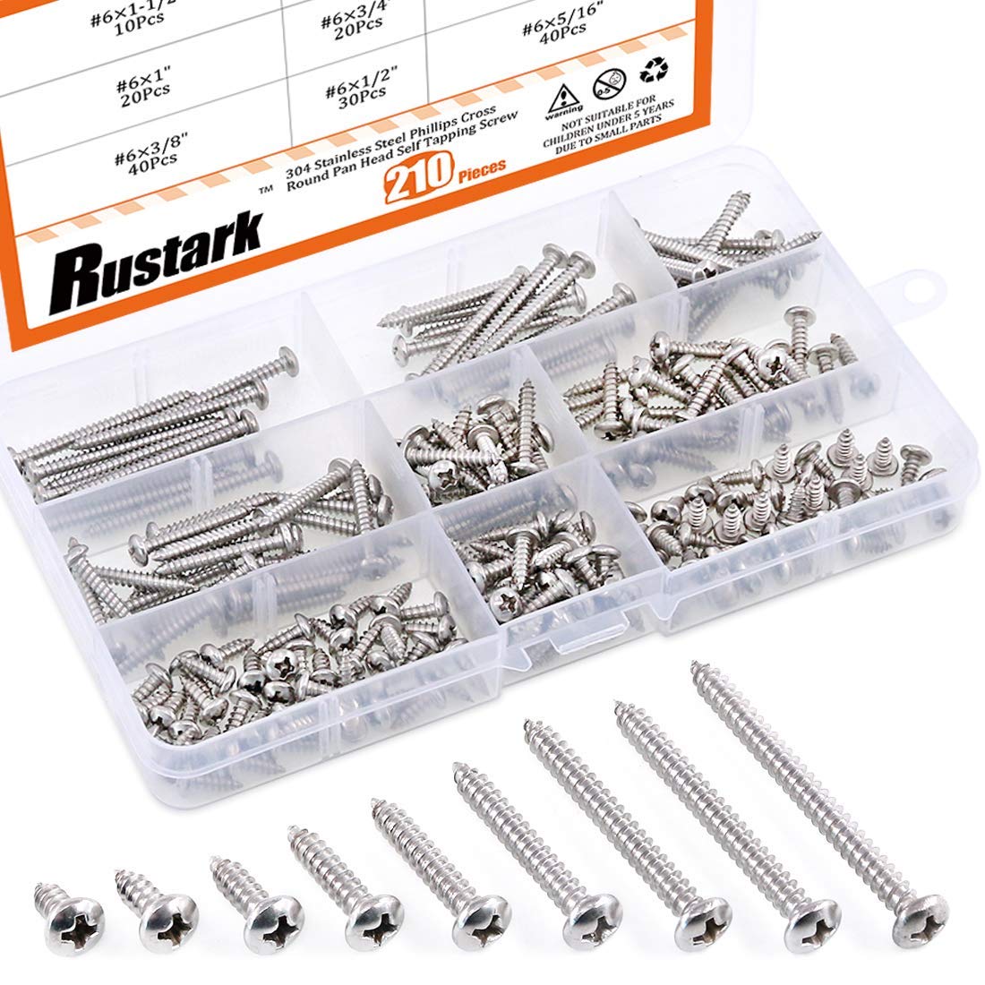 Rustark 210Pcs M3.5 304 Stainless Steel Round Pan Head Phillips Cross Wood Screws Drive Self Tapping Drilling Screws Assortment Kit
