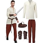 5 Pcs Men's Renaissance Costume Viking Costume Medieval Pirate Vintage Shirt Ankle Banded Pants Accessories Set