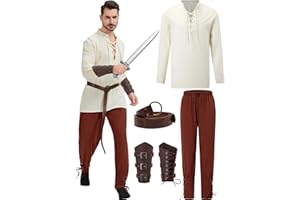 HLCOF 5 Pcs Men's Renaissance Costume Viking Costume Medieval Pirate Vintage Shirt Ankle Banded Pants Accessories Set
