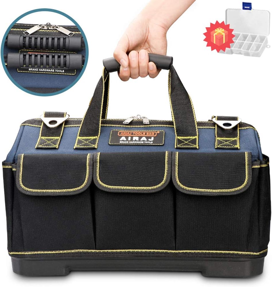 AIRAJ 18 IN Tool Bag Double Waterproof Fabric Large Storage Bag with Soft Padded Handle and Adjustable Shoulder Strap, Electricians Tools Tote (Blue & Black)