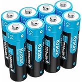 Kratax 1.5v AA Lithium Rechargeable Batteries, 8pack 3A high Capacity 3500mWh li-ion Battery, 1600 Cycles Long Lasting, Const