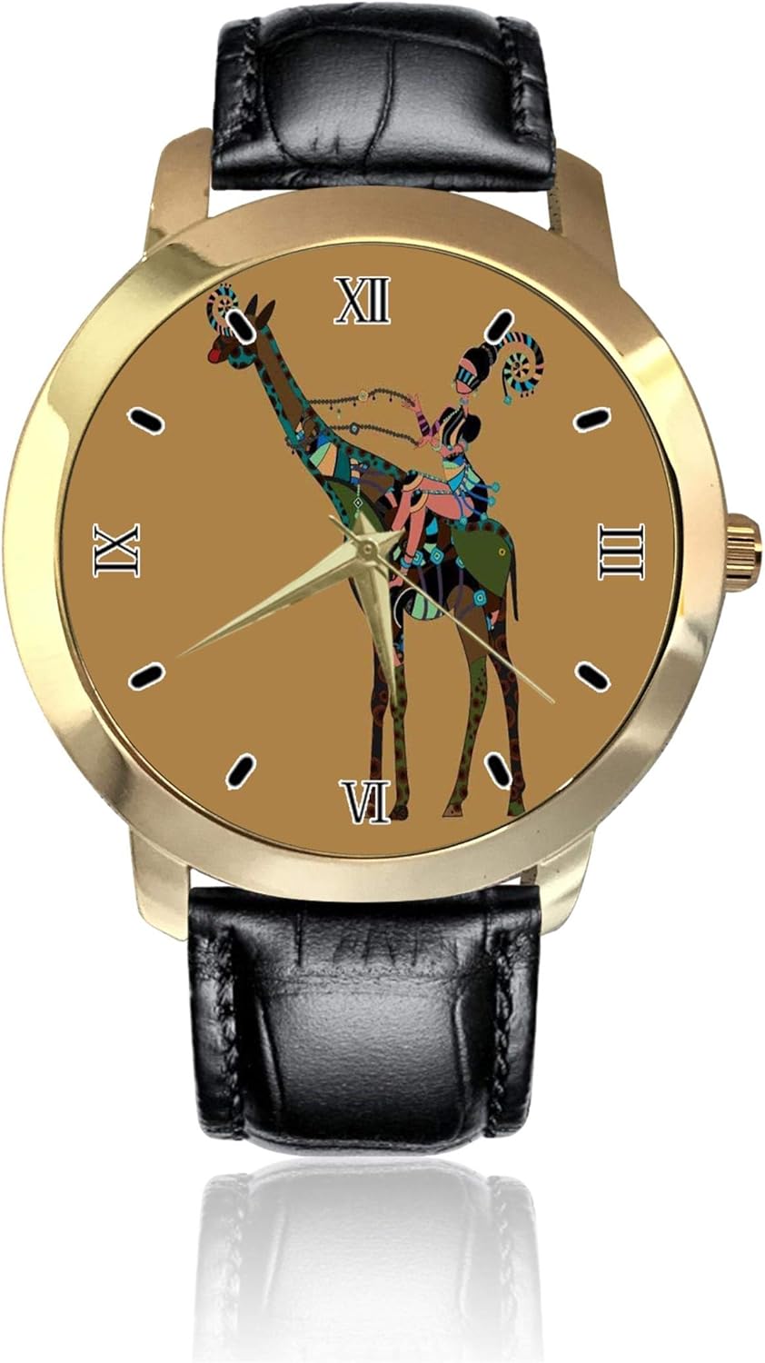 African Women Ride On Giraffe Wrist Watch Golden Dial Unisex Casual