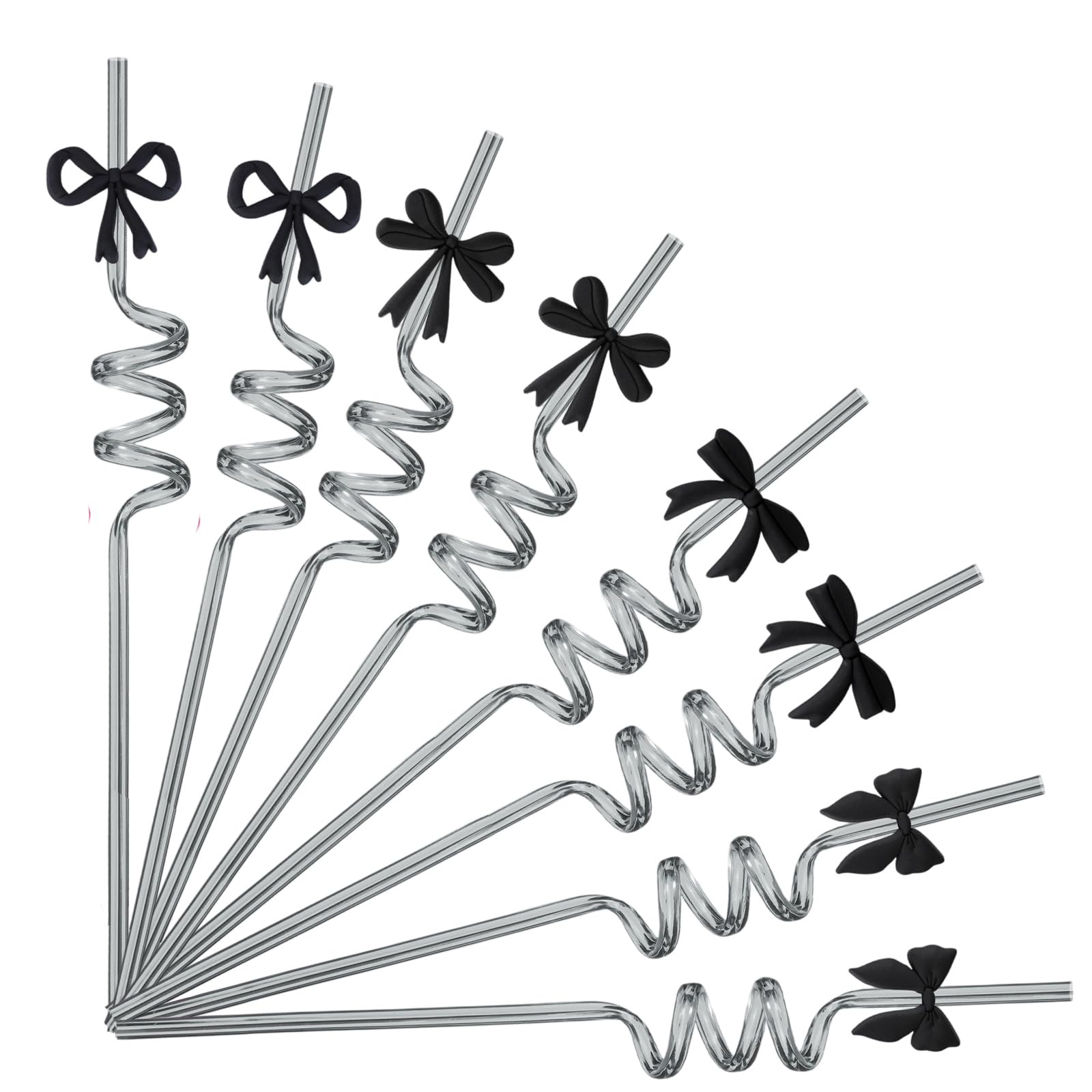 Photo 1 of 24 Reusable Black Spiral Straws with 4 Bow Charms | Pretty Birthday Party, Bachelorette, Wedding, Baby Shower & Home Decor Essentials | Cute Coquette Supplies Straws +2 Brushes(Party Favors Gift Set)