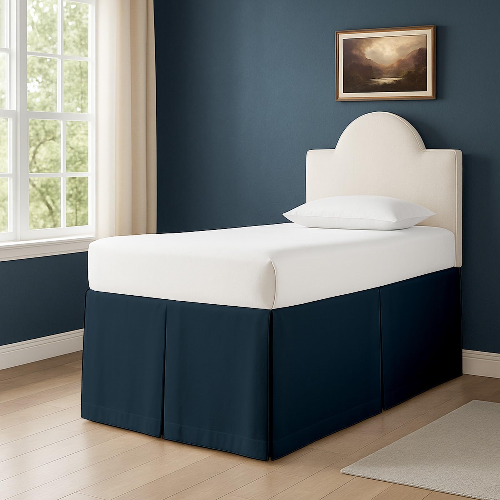 Photo 1 of Cottington Lane Tailored Box Pleated College Dorm Sized Bed Skirt Twin XL, Hotel Quality Premium Brushed Microfiber Extra Long Bedskirt Twin XL 42 Inch Drop, Navy Blue