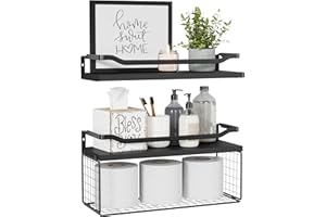 WOPITUES Floating Shelves with Wire Storage Basket, Bathroom Shelves Over Toilet with Protective Metal Guardrail, Wood Wall Shelves for Bathroom, Bedroom, Living Room, Toilet Paper-Black