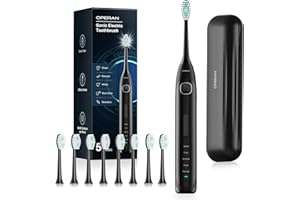 Operan Electric Toothbrush Rechargeable with 8 Brush Heads and Sonic Toothbrush with 5 Modes 2-Min Smart Timer & IPX7 Waterproof Electric Toothbrush for Adults, Travel Case (Black, 1Pack)